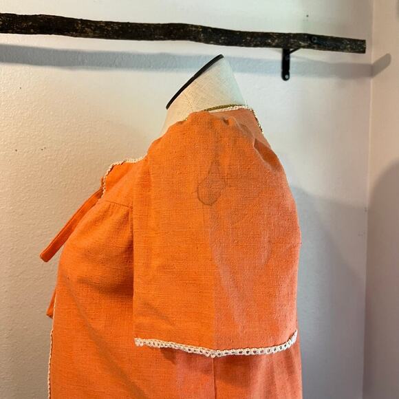 Handmade Orange Textured Two Bow Tie Puffed Short Sleeve Blouse Size Medium - Picture 4 of 11